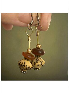 Handcrafted Mixed Metal Dangle Earrings – Amber Colored Glass Bead Boho Drop